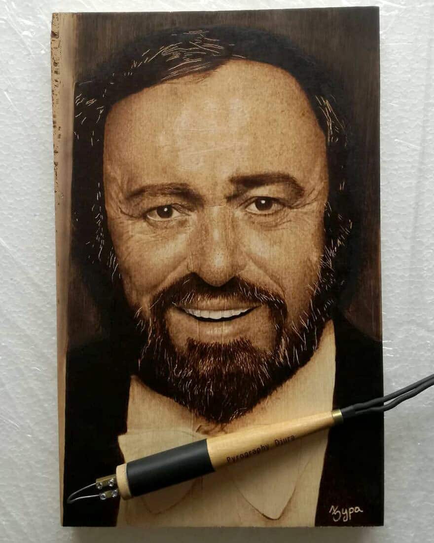 34. Wood-Burned Illustrations - Luciano Pavarotti - Karya Ivan Djuric - Design Erlistic